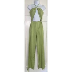 Pretty Little Thing Sage Halter Jumpsuit Wide Leg Trim Detail‎ Size 4